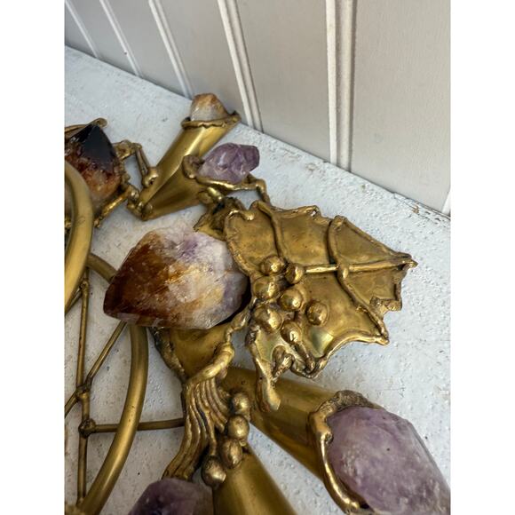 Vintage Handcrafted Brass Wine Bottle Holder | Amethyst & Quartz Gemstone - Picture 3 of 13